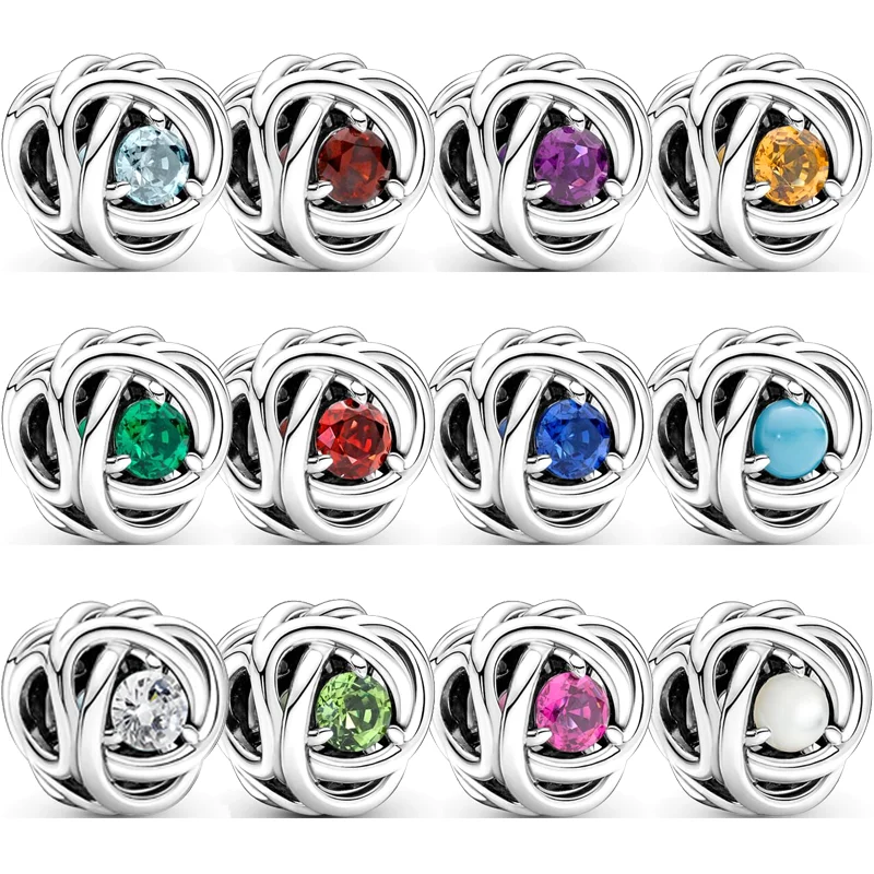 925 Sterling Silver 12 Months Colorful Zircon Hollow Eternity Circle DIY Beads Fit Original Pandora Charms Bracelet Fine Jewelry