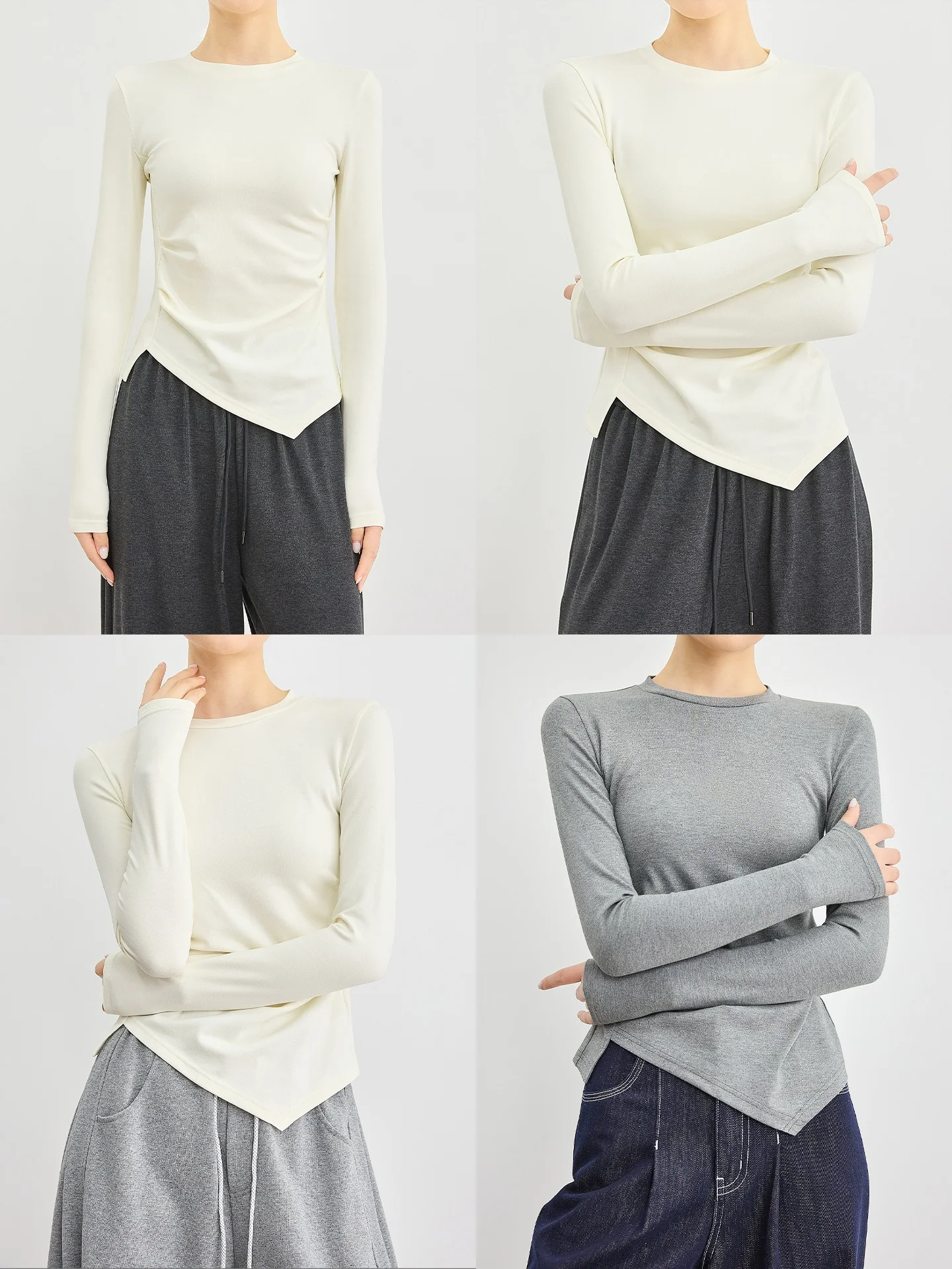 

Женская футболка Slim Fit с длинным рукавом и круглым вырезом, базовый слой, асимметричный дизайн, удобный хлопковый трикотажный топ