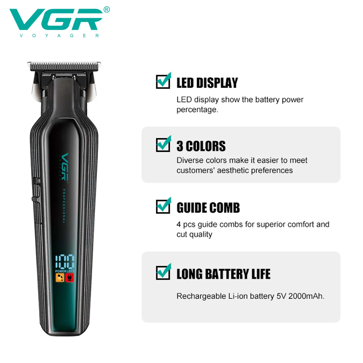 VGR Hair Trimmer Cordless Hair Cutting Machine Electric Hair Clipper Professional Haircut Barber DLC Blade Trimmer for Men V-930 image 2