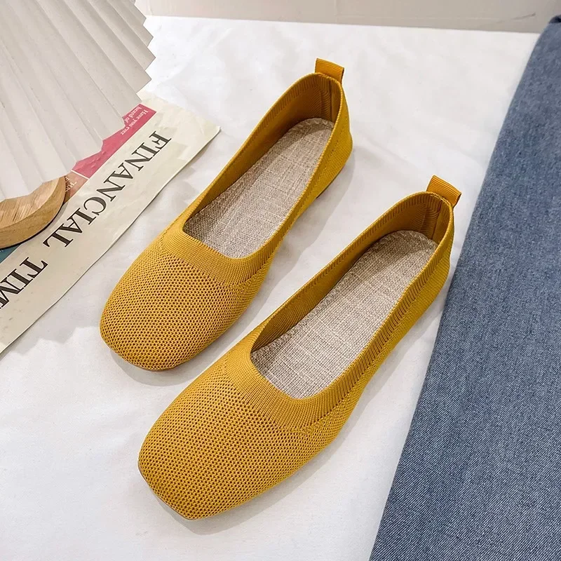 2024 Solid Color Slip on Mesh Loafers Stretch Knitted Ballet Flats Women Casual Soft Bottom Shallow Boat Shoes Classic Moccasins