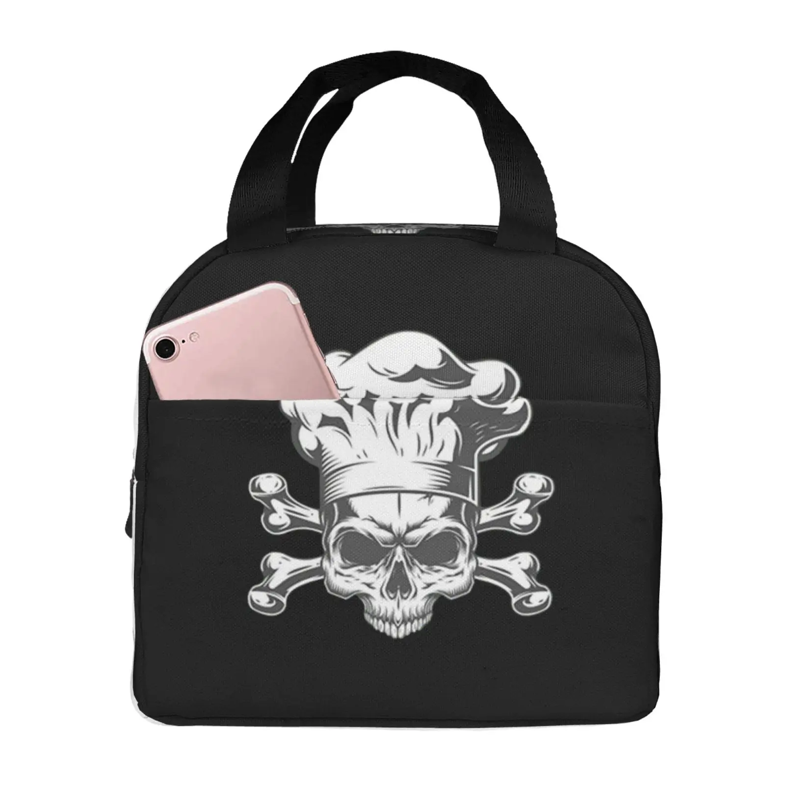 Skeleton Chef Print Lunch Bag Waterproof Insulated Canvas Cooler Bag Thermal Cold Food Picnic Travel Tote for Women Children