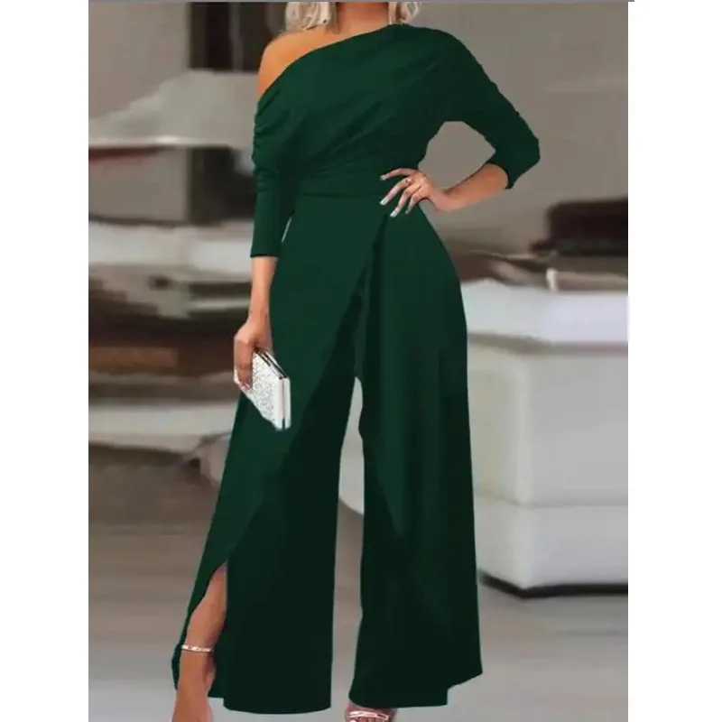 New Women's Shoulder Party Jumpsuit Spring Summer Long Sleeve Straight Nine-Point Pants Elegant Female Casual Sports Jumpsuit