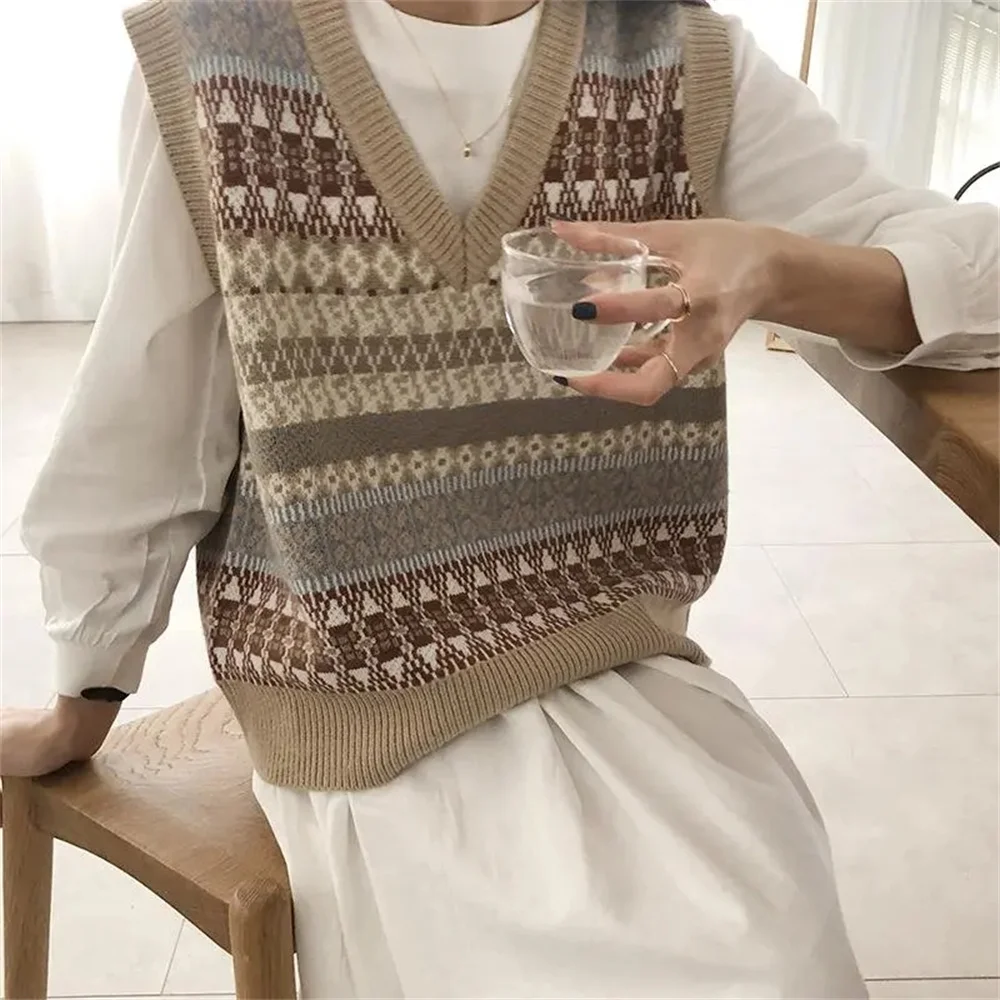 Loose Oversized Tops Autumn Basic Vintage Pullovers Jumper Female Street Wear Geometric Knitted Vest Sleeveless Sweater Women