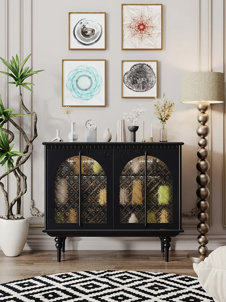 Franse Crèmekleurige Sideboard Kast Inductielamp Glas Display Massief Houten Toegangskabinet