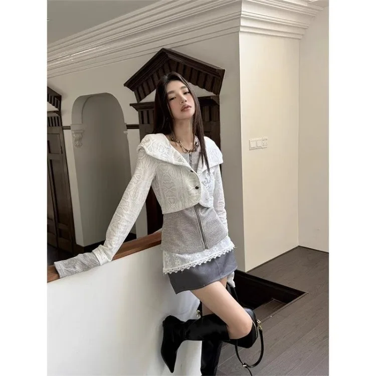 Gaganight American Retro Stitching Knitted Hooded Sweater Jacket Women Autumn Winter Senior Sense Y2k Hottie Slim Short Top