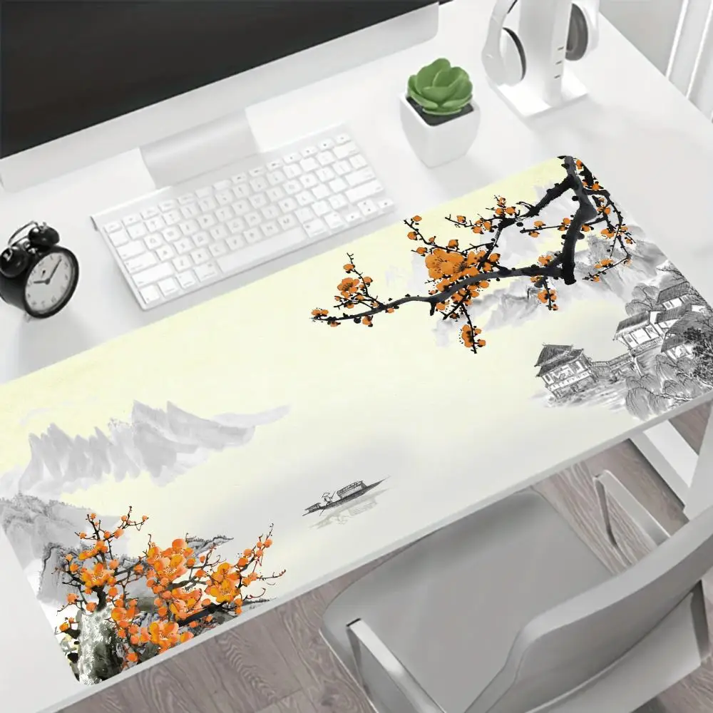 Traditional Chinese Ink Landscape Large Extended Mouse Pad, Non-Slip Rubber Stitched Edge Desk Mat  for Office Home Decor