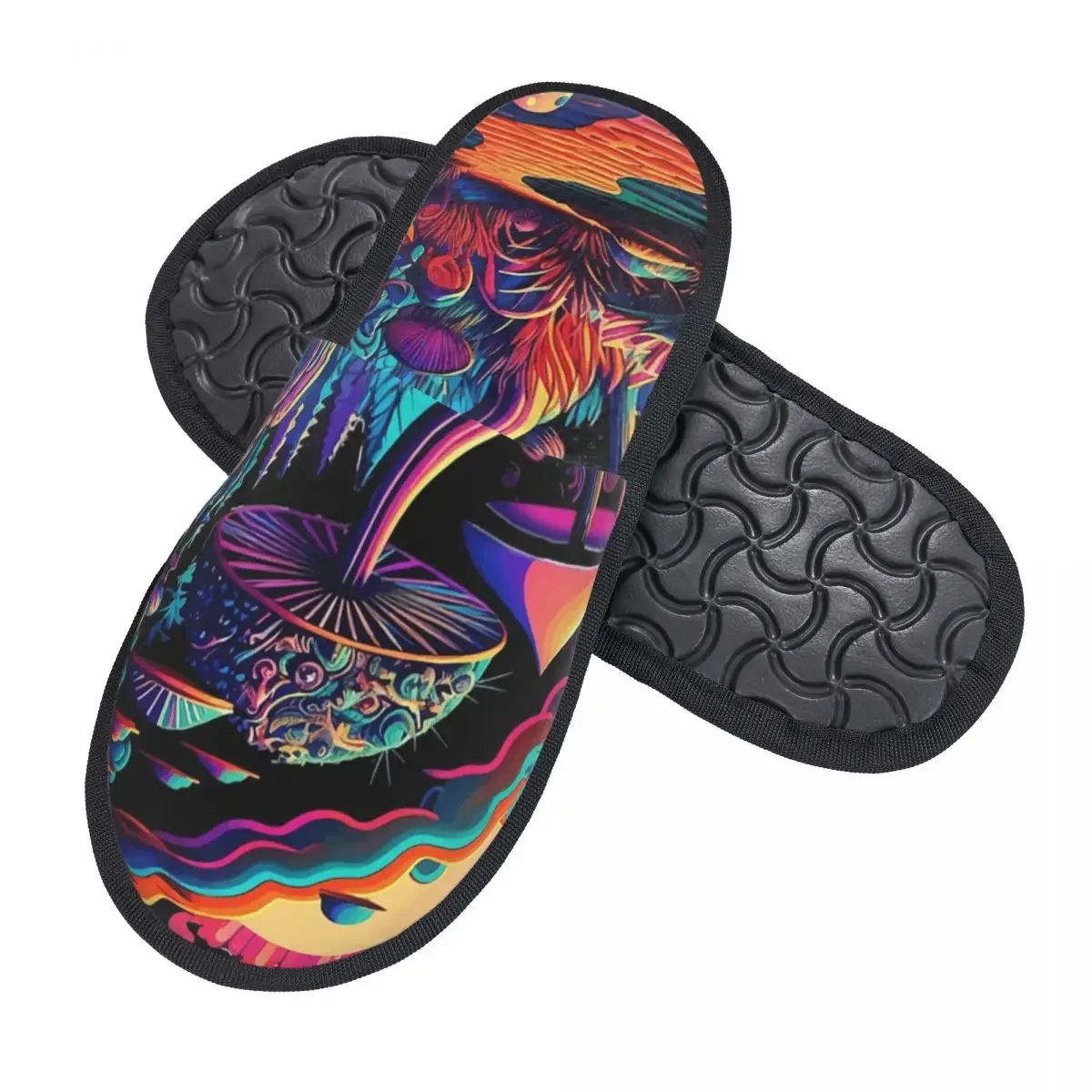 Custom Print Women Trippy Psychedelic Vibrant Mushrooms House Slippers Cozy Warm Memory Foam Fluffy Slipper Indoor Outdoor Shoes