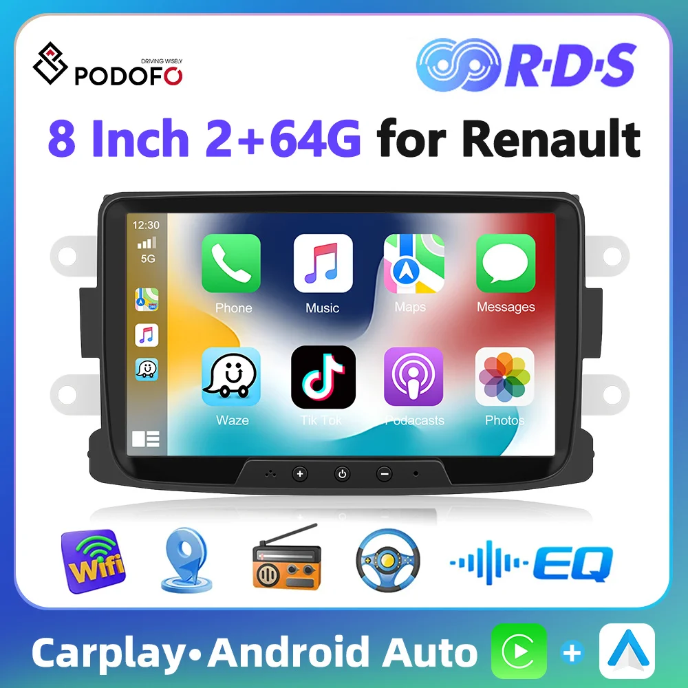 Podofo 8'' 2+64G Car Radio For Renault Dacia Duster Sandero Multimedia Player GPS Navigation Carplay Android Auto WIFI Car Audio