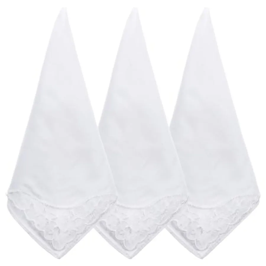 3 PCS White Soft Cotton Handkerchiefs for Women with Elegant Embroidery Lace Pure Color Square Hankies for Daily Use Perfect Ac
