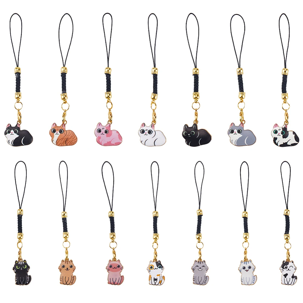 1 Box 14Pcs Cat Cellphone Charm Cute Phone Charms Strap Bulk Enamel Metal Print Cats Shape Hanging Animal Lanyard for Phone