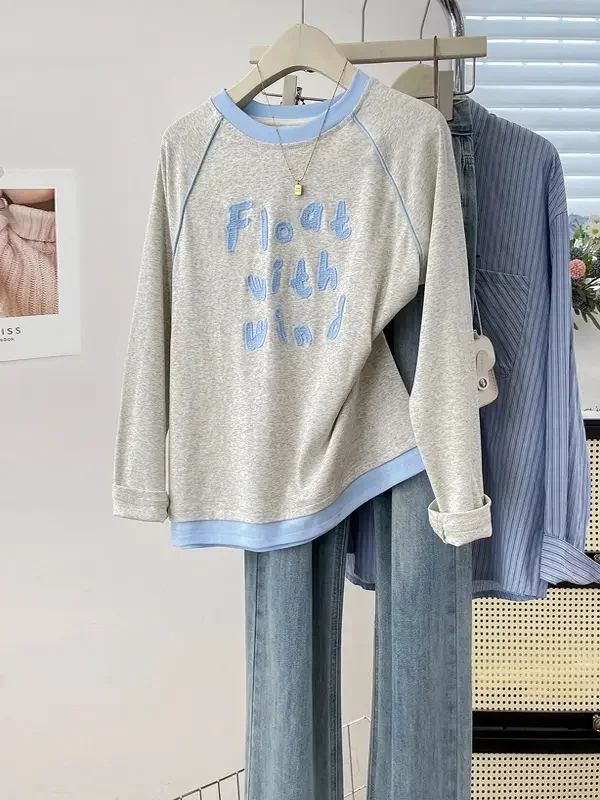Long Sleeve Embroidered Letter round Neck T-Shirt Women's Casual Style 2026 Autumn Collection Breathable Cotton Top