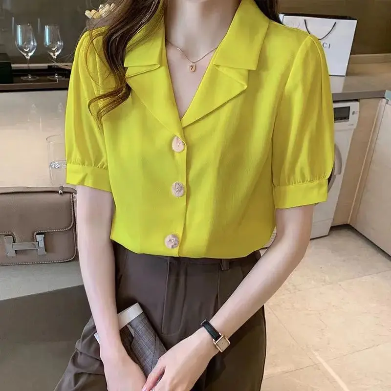 Camicia in chiffon stile coreano nuova estate con scollo a V retrò con design a maniche corte per donna