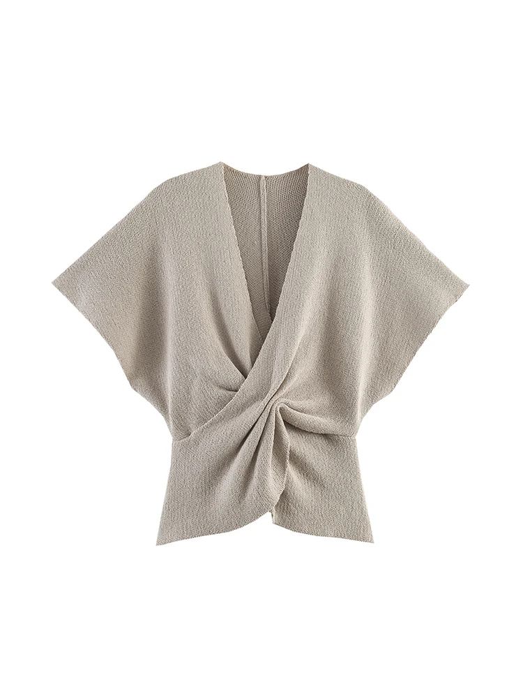 TFMLN Women's Knit Top 2026 Summer New Pleated Slim Fit Short Sleeved Pullover Sweater Fashion Elastic Knitted V-neck Top Ladies
