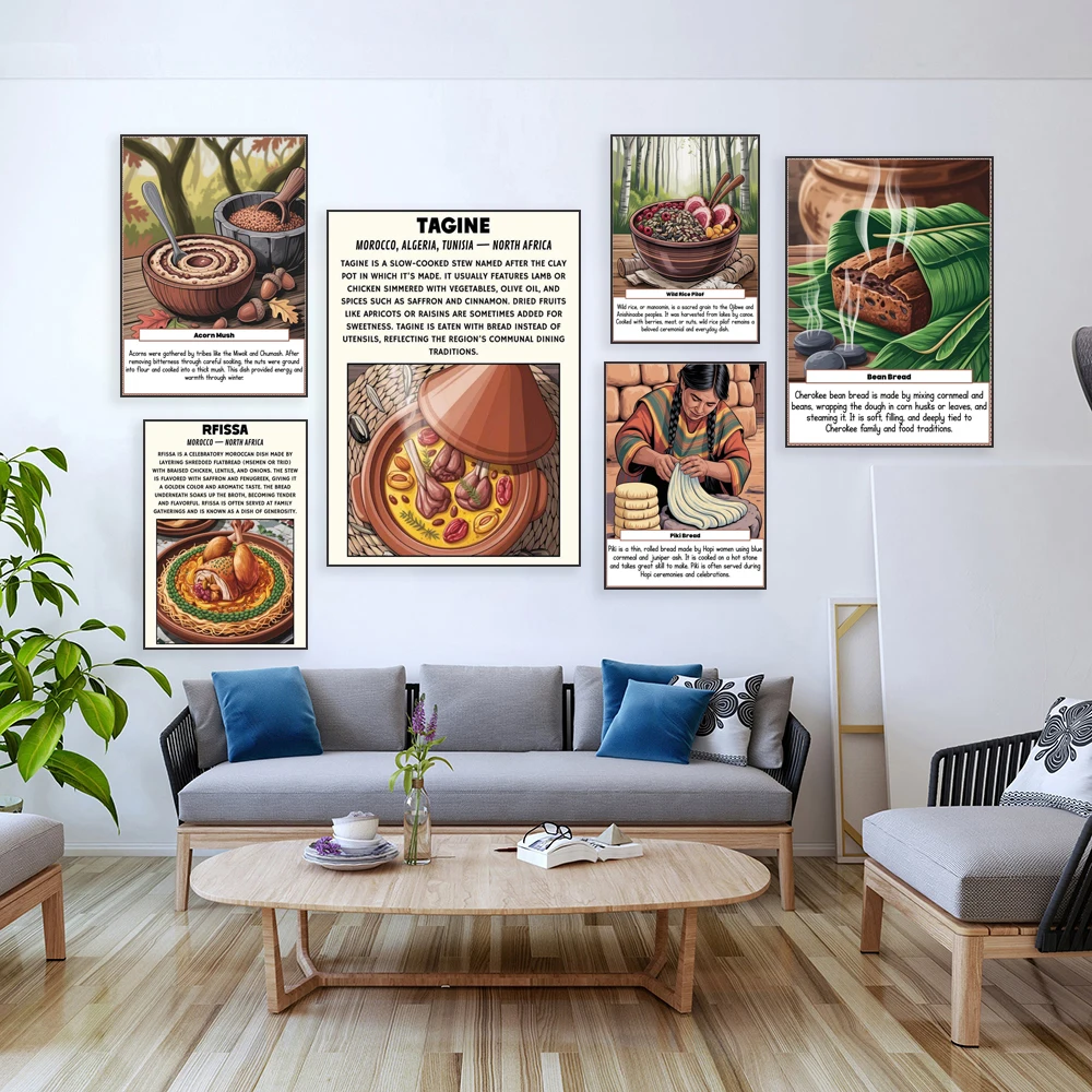 Native American cuisine, tagine, livisa, green pepper stew, Indian tortillas, acorn puree, cornbread, wild rice (food poster)