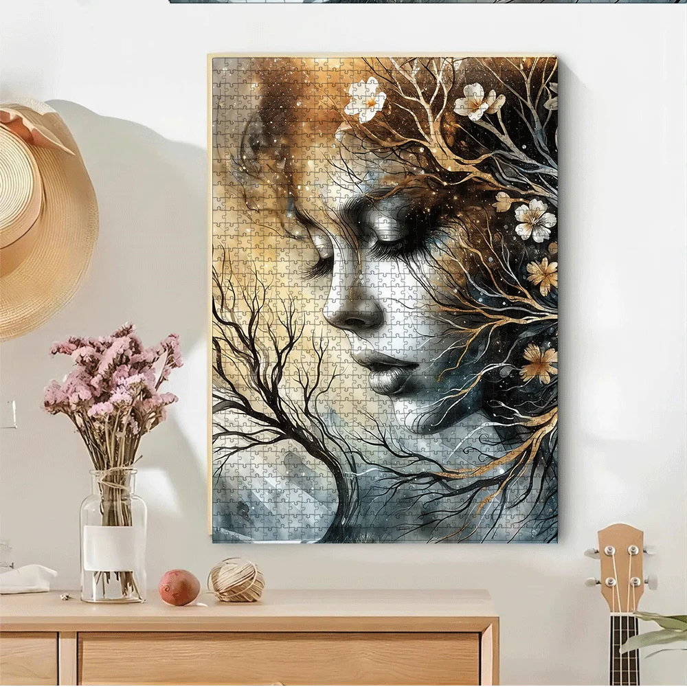 1000/500pcs -Inspired Cherry Blossom & Woman Face Jigsaw Puzzle - Large Adult Brain Teaser, Family Game Night, DIY Home Decor,