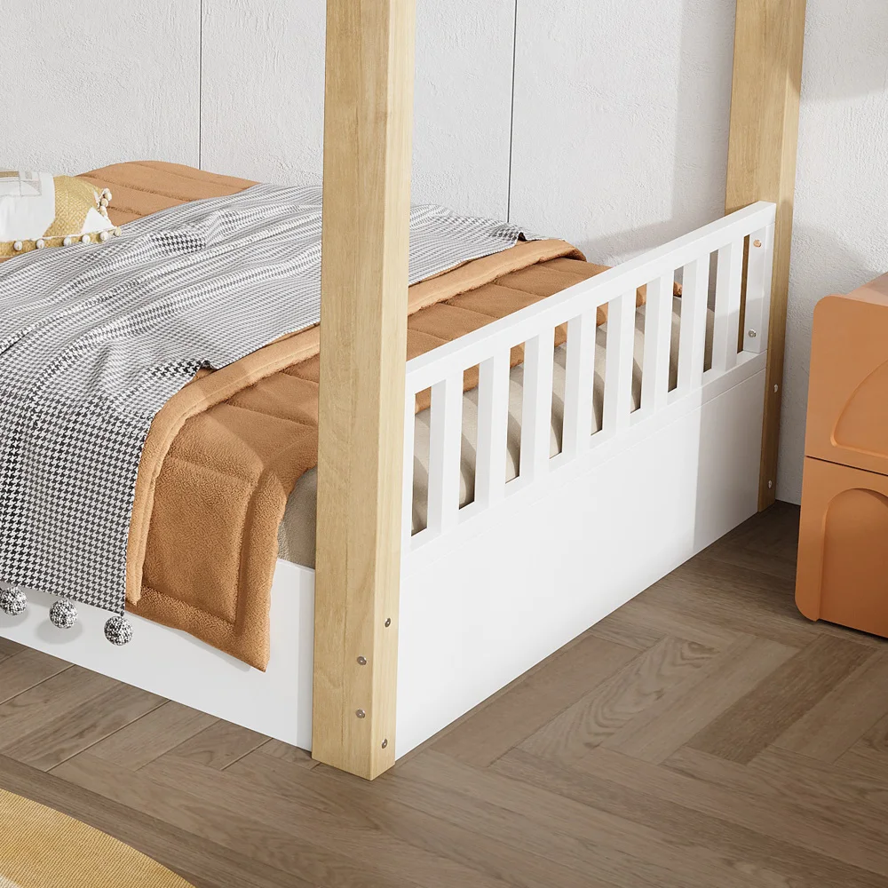 PINGGO Weißes Holz-Einzelbett 90x190cm Natürliche Holzoptik Hausdesign Lattenrost Kiefer-Spanplatte MDF Ohne Matratze – Detail 20