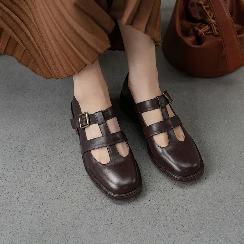 New Spring 2023 Genuine Leather Women Shoes GLADIATOR Round Toe Casual Buckle Strap Platform Heels Shallow Shoes Women pumps