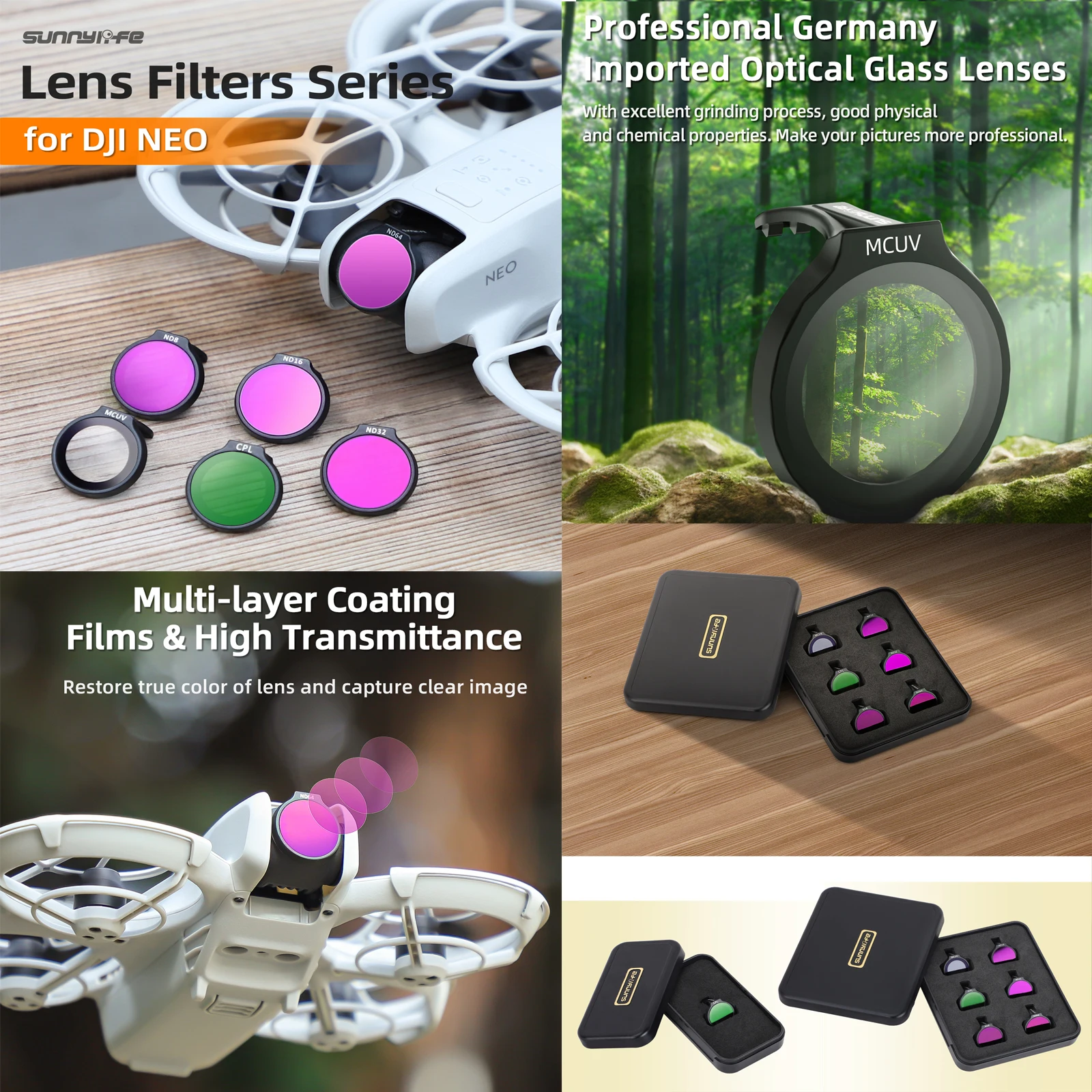 Фильтры Sunnylife ND для фильтра DJI NEO, регулируемая стеклянная линза MCUV CPL/ND16, набор фильтров, аксессуары Фильтры Sunnylife ND для фильтра DJI NEO, регулируемая стеклянная линза MCUV CPL/ND16, набор фильтров, аксессуары
