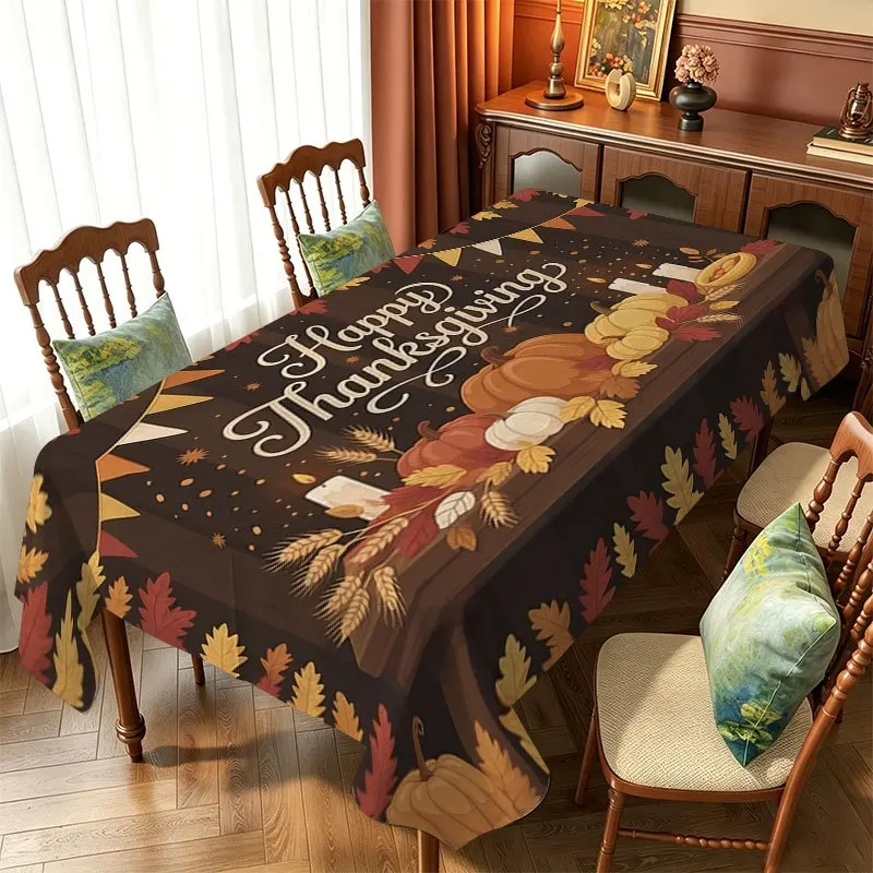 Thanksgiving Pumpkin Maple Leaf Wheat Rectangle Table Cloth for Holiday Party Reusable Tablecloth for Dining Room Tables Decor
