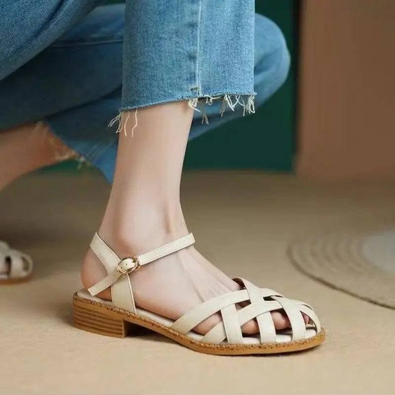 

NEW Low Sandals Woman Leather 2024 Summer Nubuck Shoes Closed Toe Espadrilles Platform Suit Female Beige Breathable Low-heeled