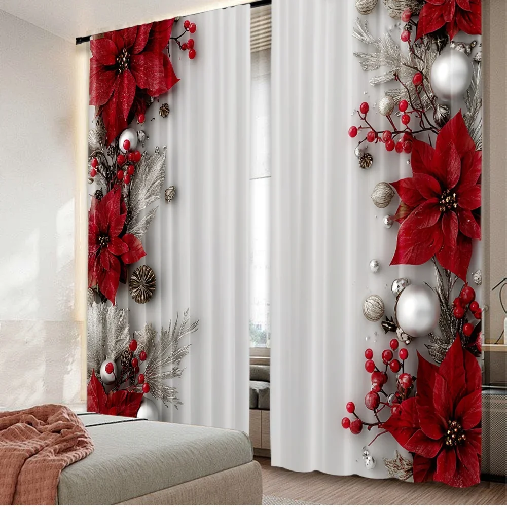 2D flat printing 2pcs Curtain Christmas Poinsettia Elegance Digital Printed Polyester Drapes Festive Wall Decor Use for Art