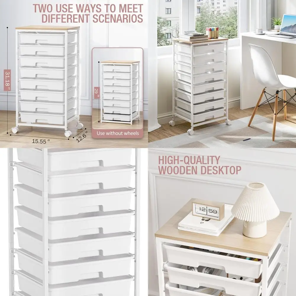 

8-Drawer Storage Cart with White Utility Drawers and Wooden Top for Classroom Organization