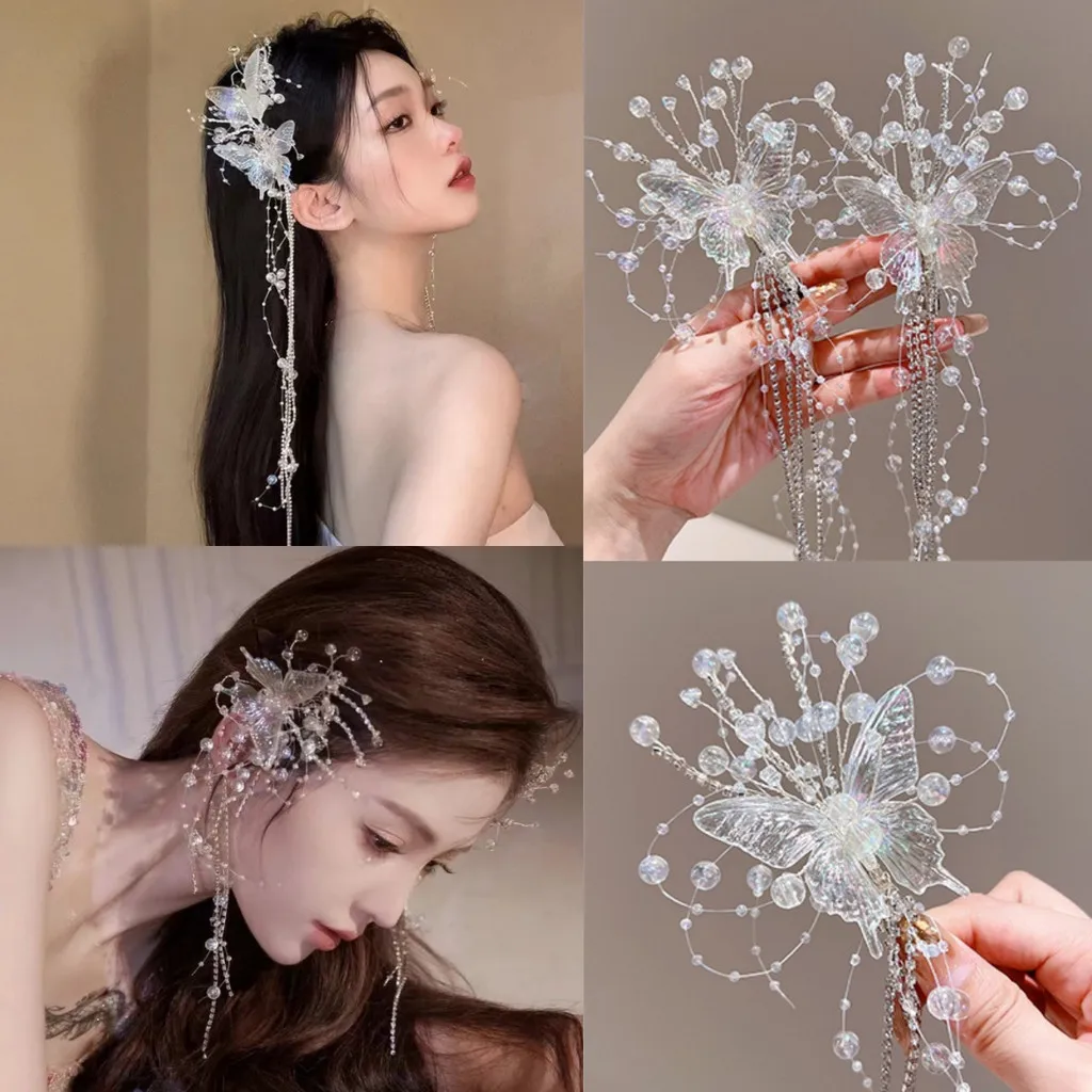 Elegant Pearled Tassel Hair Clip Fairy Wings Headwear Little Fairy Hair Accessories Li Yitong Hairpin Charming Hair Ornament