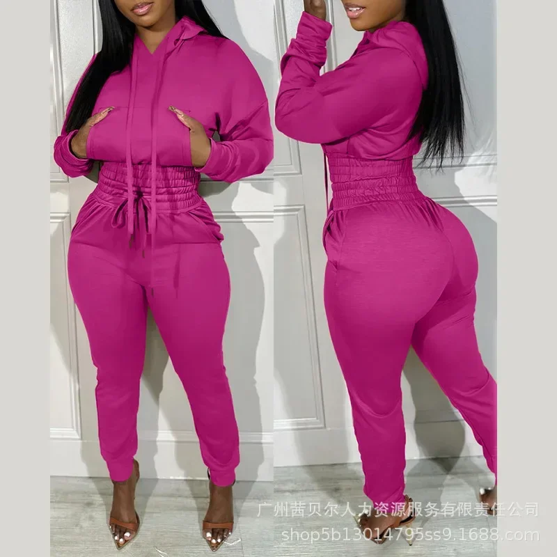 Women Two Piece Sets Pant Sets Hooded Tracksuit Long Sleeve Sweatshirts Tops Long Pants High Elastic Waist Lace Up Elegant