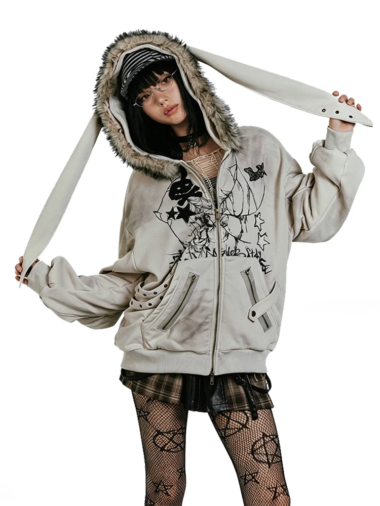 Y2K Gothic Rabbit Ear Fur Bordered Zipper Hoodie Women's Retro Washed Skull Star Print Multi Pocket Oversized Street Hoodie
