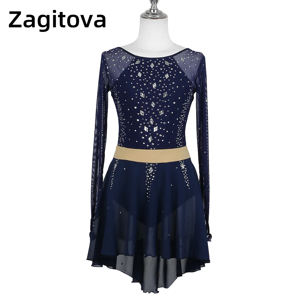 

Zagitova Figure Skating Dress Women Girls Ice Skating Skirt Performance Competition Shiny Diamond Navy Blue