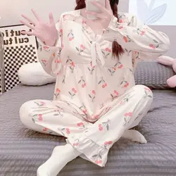 Plus Size 5XL 150KG Women Autumn Sleepwear Set V Neck Long Sleeve Tops and Pants Pajamas Sets For Women Big Size Home Wear