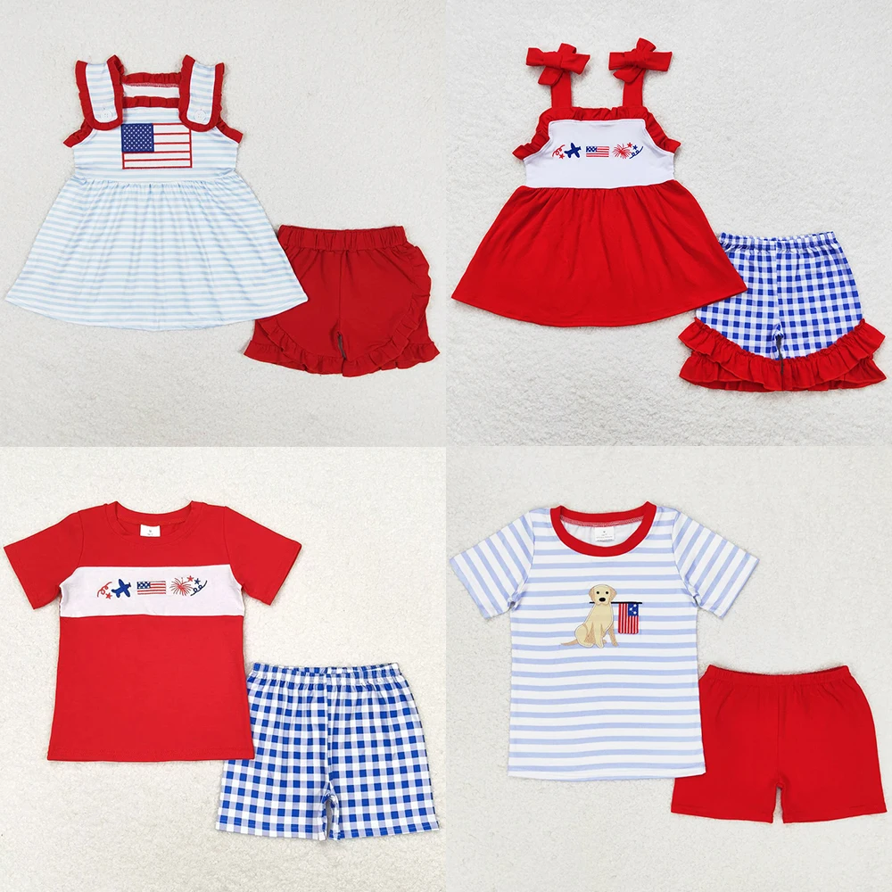 Hot Sale Kids Designer Clothes Girls Sibling Outfits 4th Of July Baby Girls Clothes Short Sleeve Tops Shirts Summer Shorts Set