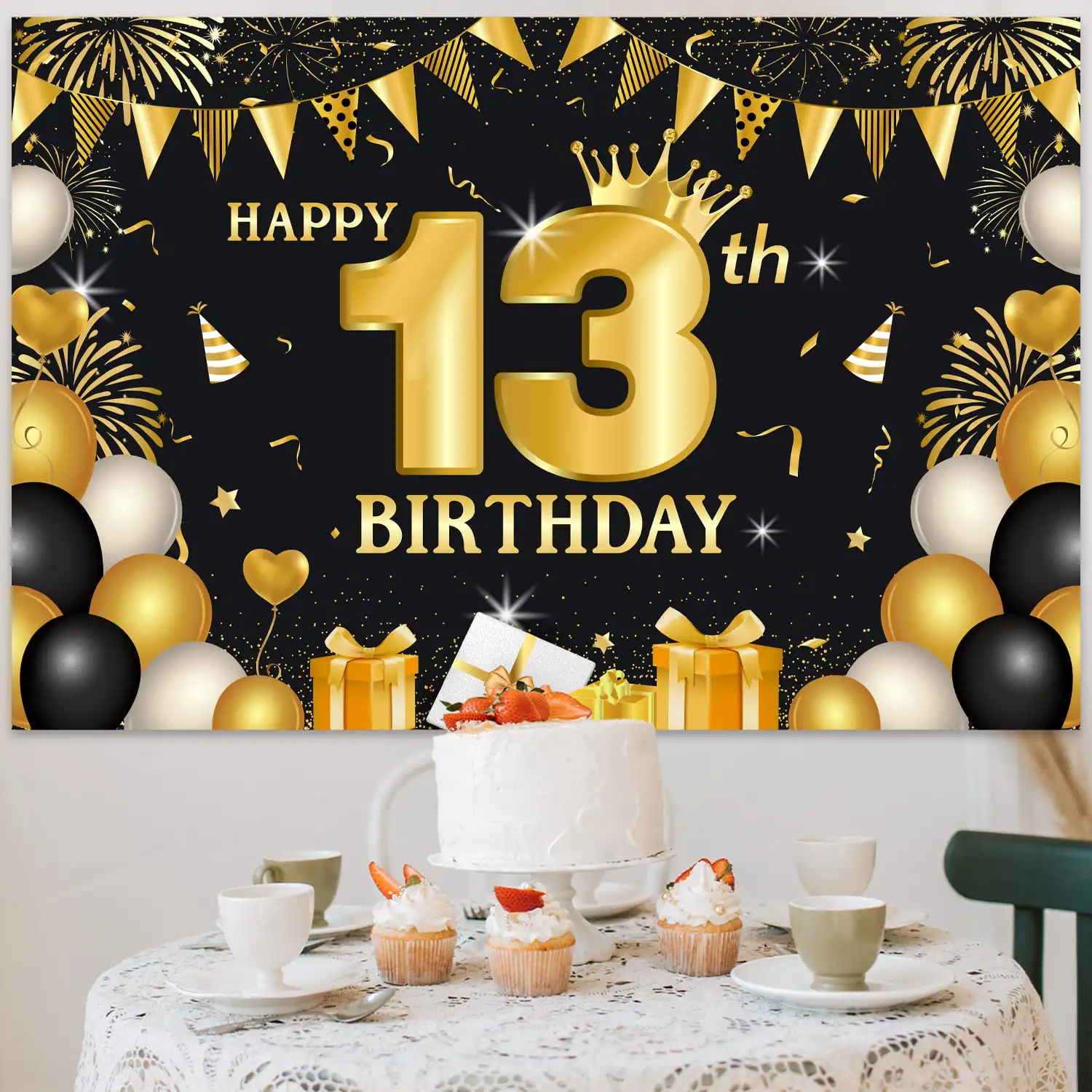 Black Gold 13th Birthday Party Decor Happy 13th Birthday Backdrop Photo Background Decor for Boys Teenager 13 Years Old Birthday