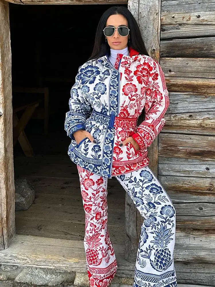 Women Fashion Contrasting Printed Cotton Coat Pants Suit Elegant Long Sleeves Belt Warm Jacket Sets 2024 New Lady Skiing Outfits