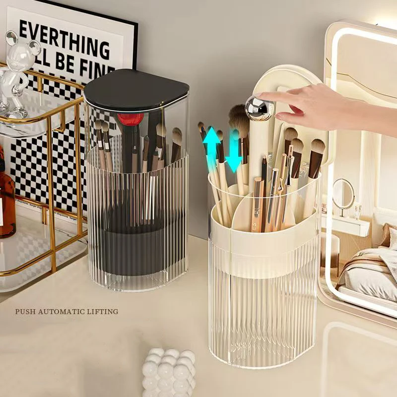 Automatic Lifting Makeup Brush Holder with Dustproof Lid Cosmetic Storage Box for Brushes,Lipsticks Makeup Organier for Vanity