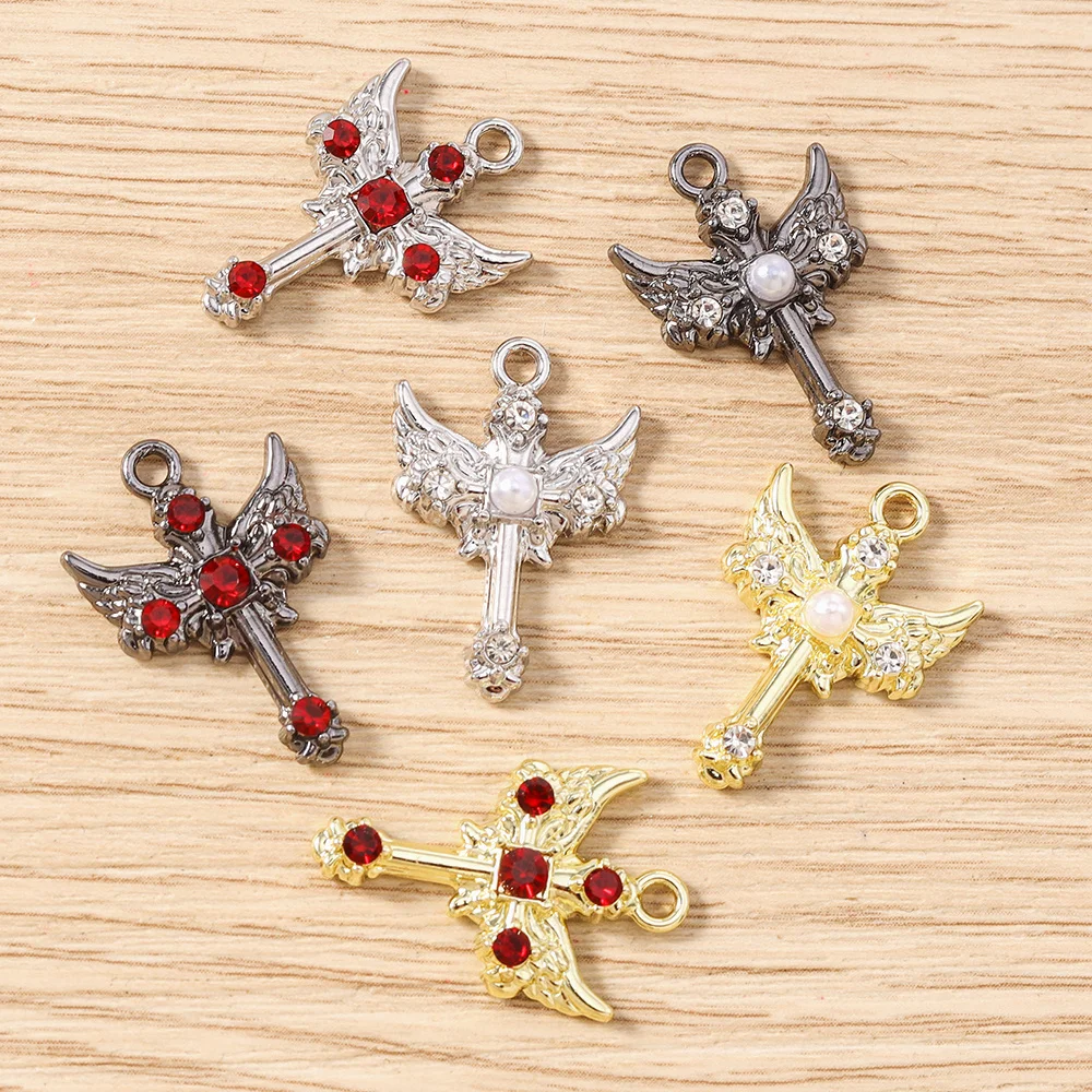 Tusember 5pcs Gothic Crystal Wing Cross Charms Pendant for DIY Jewelry Making Necklace Earrings Handmade Craft