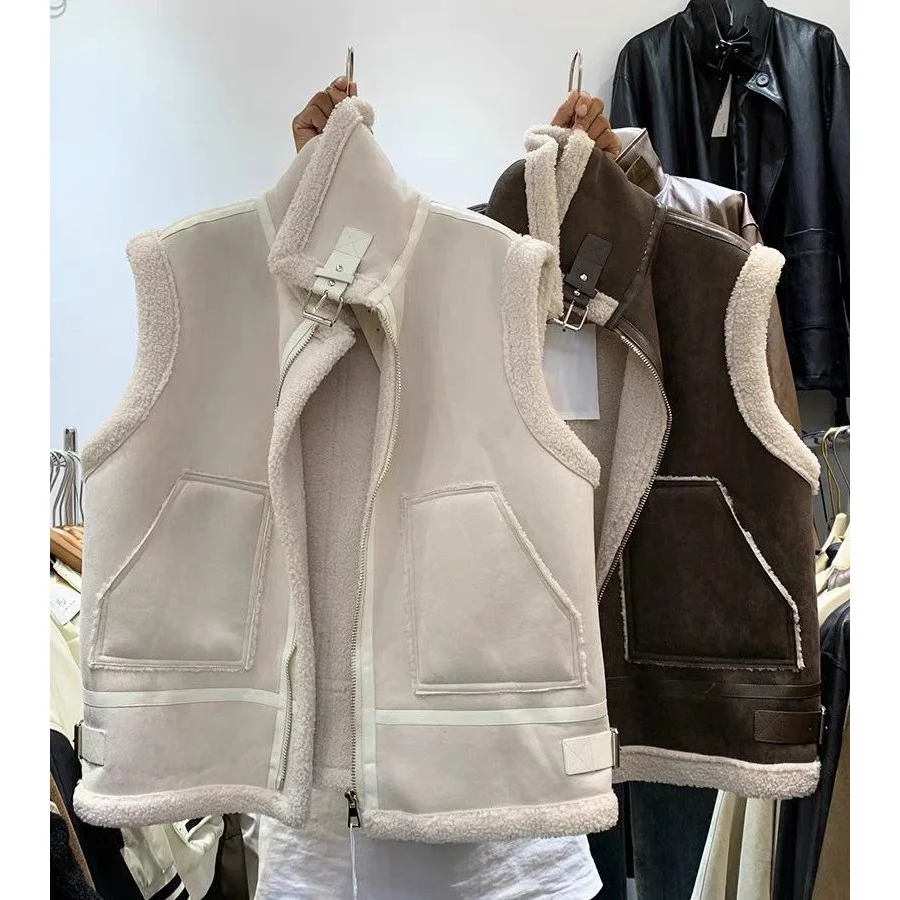 2025 Autumn and Winter New Hairy Vest Women's Thick Standing Collar Stacked Warm Jacket