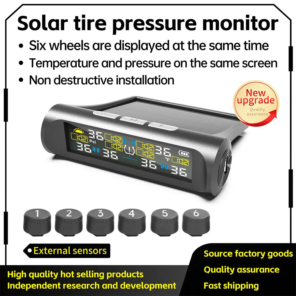 

Solar TPMS Car Tire Pressure Alarm Digital Colorful Display 6 External Sensors Waterproof Tire Pressure Temperature Warning