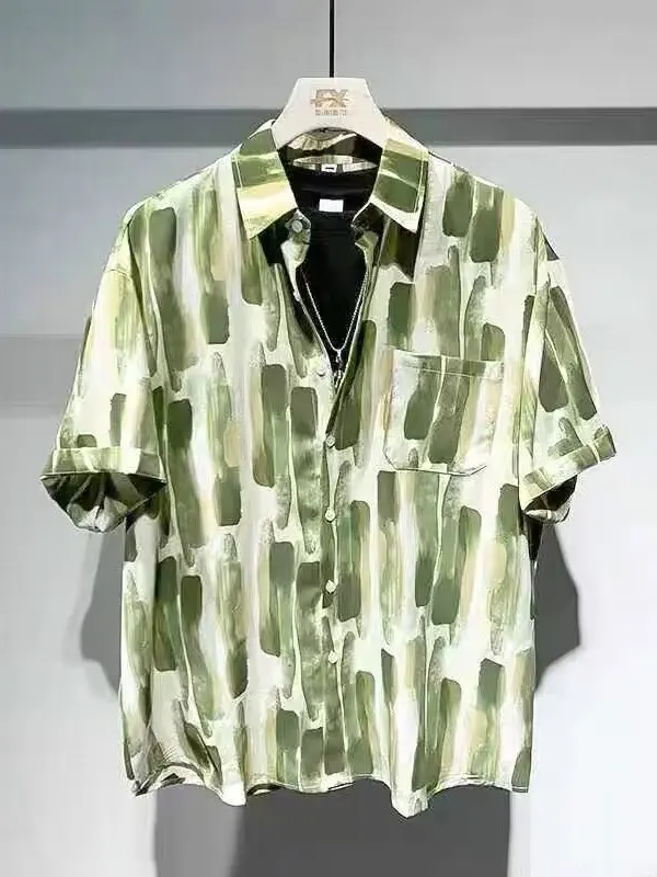 

Мужская летняя повседневная рубашка свободного кроя с коротким рукавом, окрашенная, дышащая, для пляжного отдыха, модная, брендовая, из ледяного шелка, с принтом, открытый кардиган