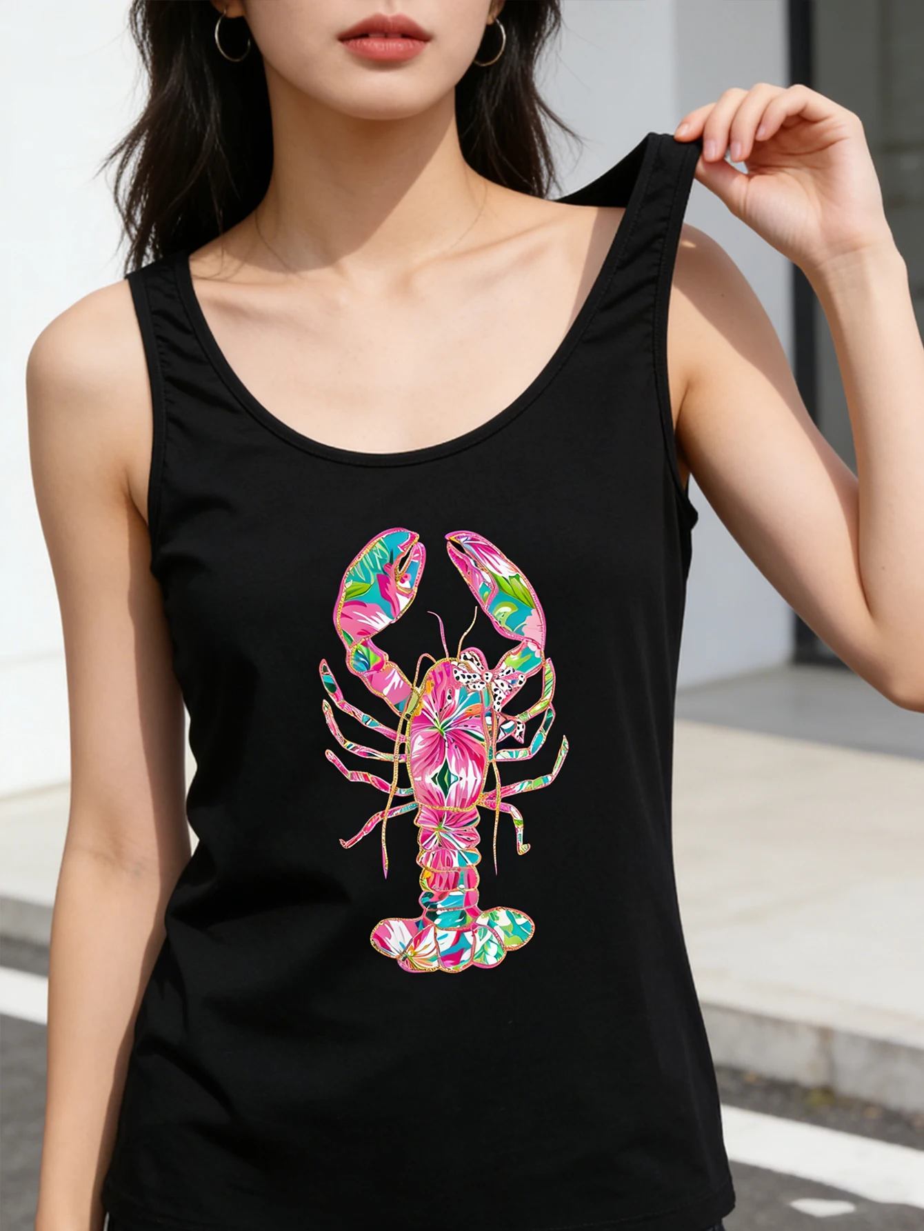Lobster-Patterned Ladies Casual and Fashionable Tank Top, Round-Neck Sleeveless Letter-Shaped Tank Top
