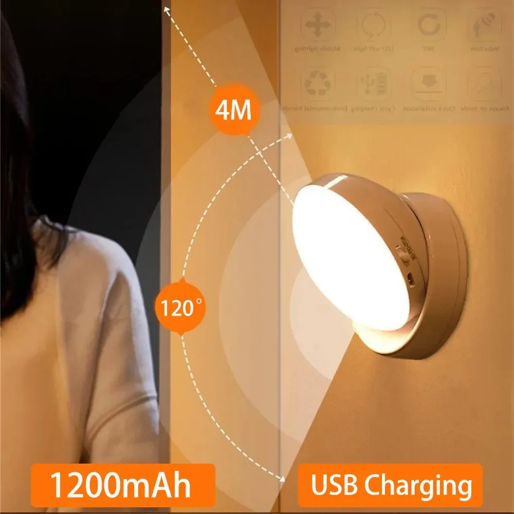 Luce notturna Girevole Sensore di movimento wireless Luci notturne a LED USB ricaricabile Camera da letto Corridohting Lampada a LED con sensore di