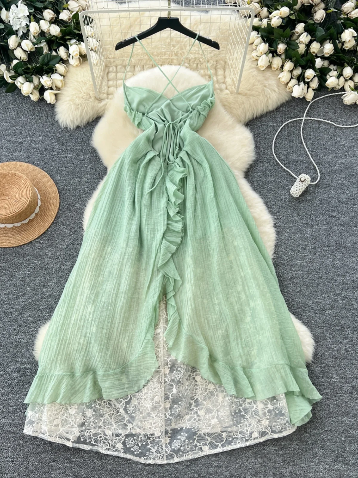 Vaion Feel Vestido de mujer Aósfera de hadas Cintura alta Empalme de encaje Vestido largo asimétrico Estilo coreano Viaj...