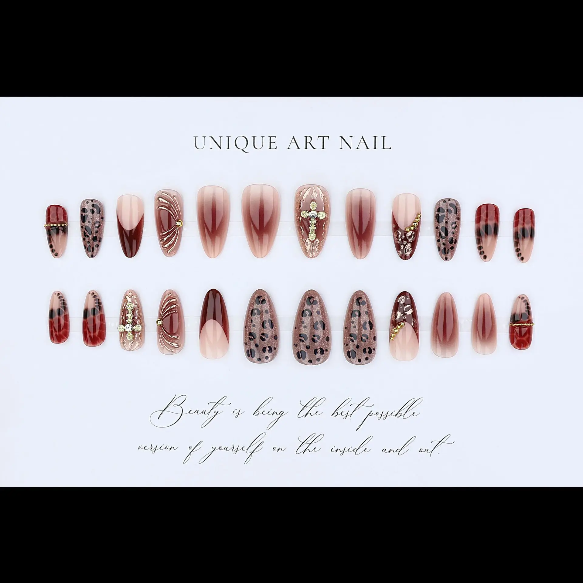Gradient wine red brown fake nails with cross rhinestones leopard printing Almond nail tips full cover reusable press on nails view 4