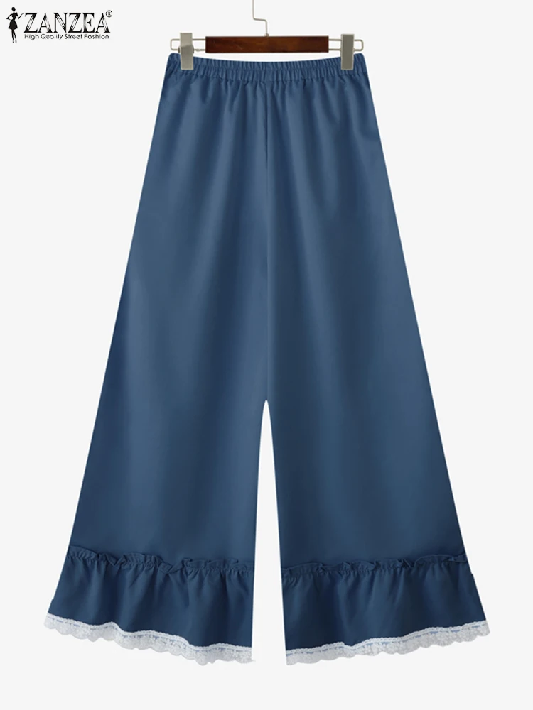 Fashion Lace Pantchwork Wide Leg Pants 2025 Women Elastic Waist Trousers Solid Casual Loose Ruffled Pleated Flare Pants ZANZEA