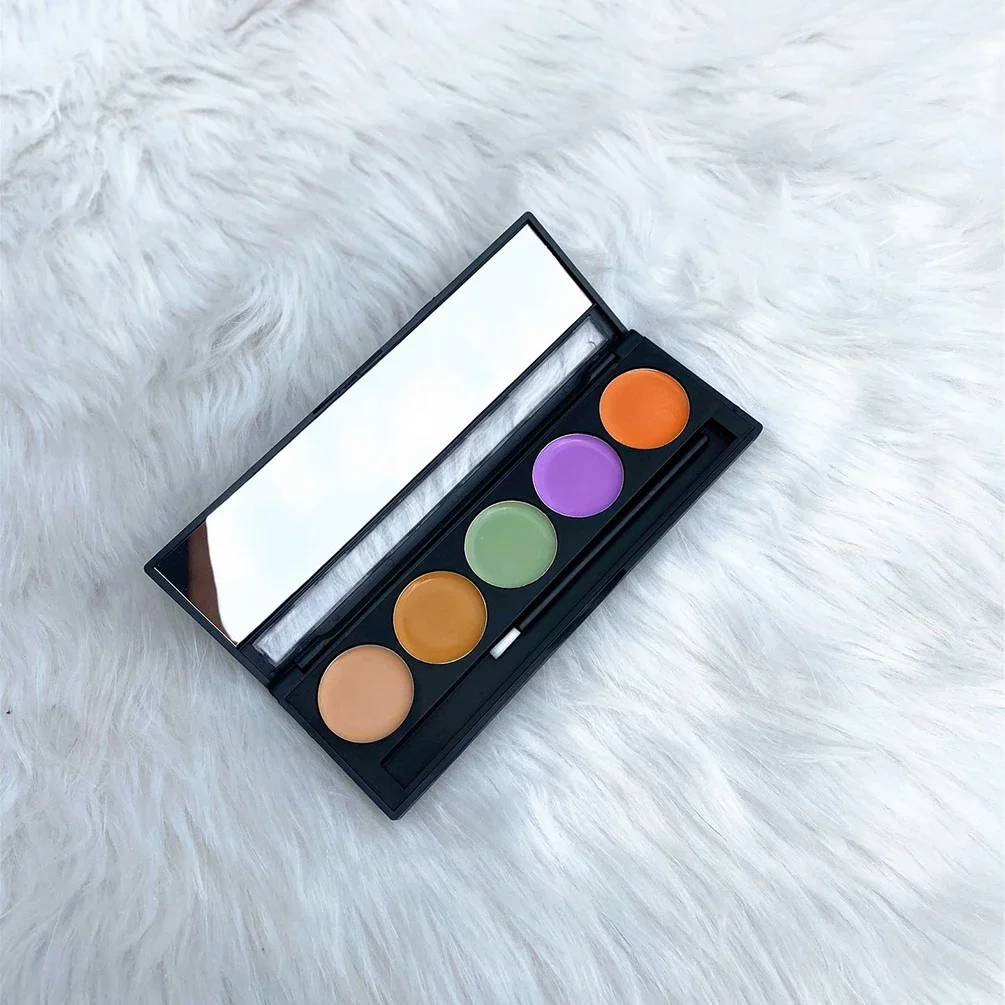 Crème anti-cernes avec logo personnalisé, marque privée, palette en plastique, couverture longue durée pour les cernes et les taches, maquillage, vente en gros, 5 couleurs