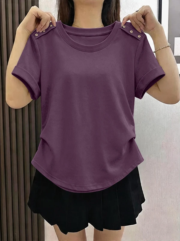 2026 New Fashion Pleated round Neck Short Sleeve T-Shirt Women Summer Simple Match Loose Belly Covering Slimming Top