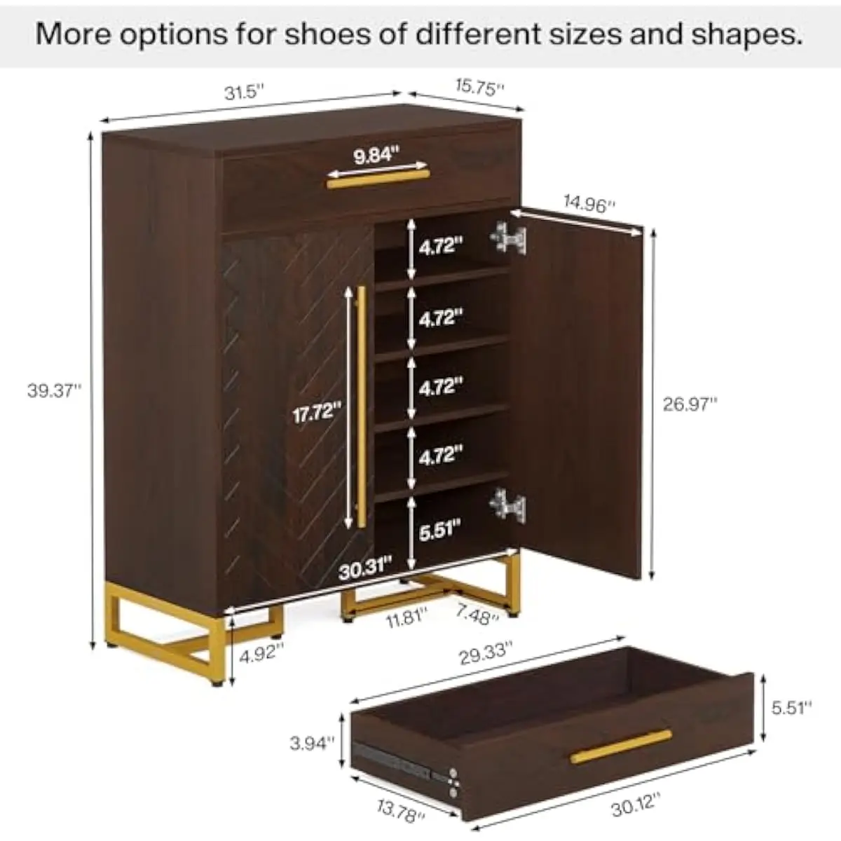 Five-Tier Enclosed Shoe Cabinet with Sliding Drawer and Adjustable Shelves | 15.75 x 31.5 x 39.37 Inches | Walnut Finish with Go