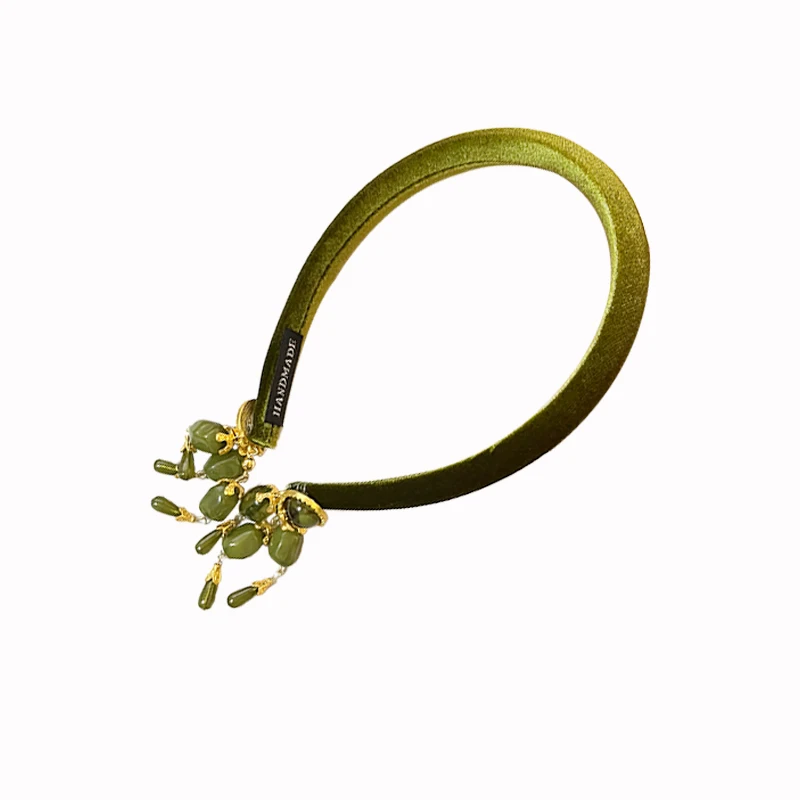 레트로 프렌치 화이트 벨벳 올리브 그린 드리워진 머리띠 새로운 중국 고급 머리핀