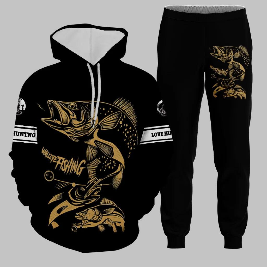 Ensemble à capuche pour hommes, pêche en plein air, imprimé en 3D, sweat à capuche + pantalon, ensemble deux pièces, surdimensionné, Cool, décontracté