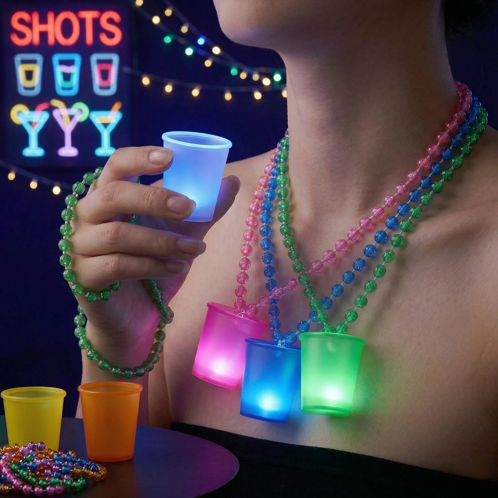 Paquete de 12 Vasos de Chupito con Cadena para Colgar, Vasos Luminosos Coloridos para Despedida de Soltera, Collar de Vasos de Chupito con Cadena para Carnaval